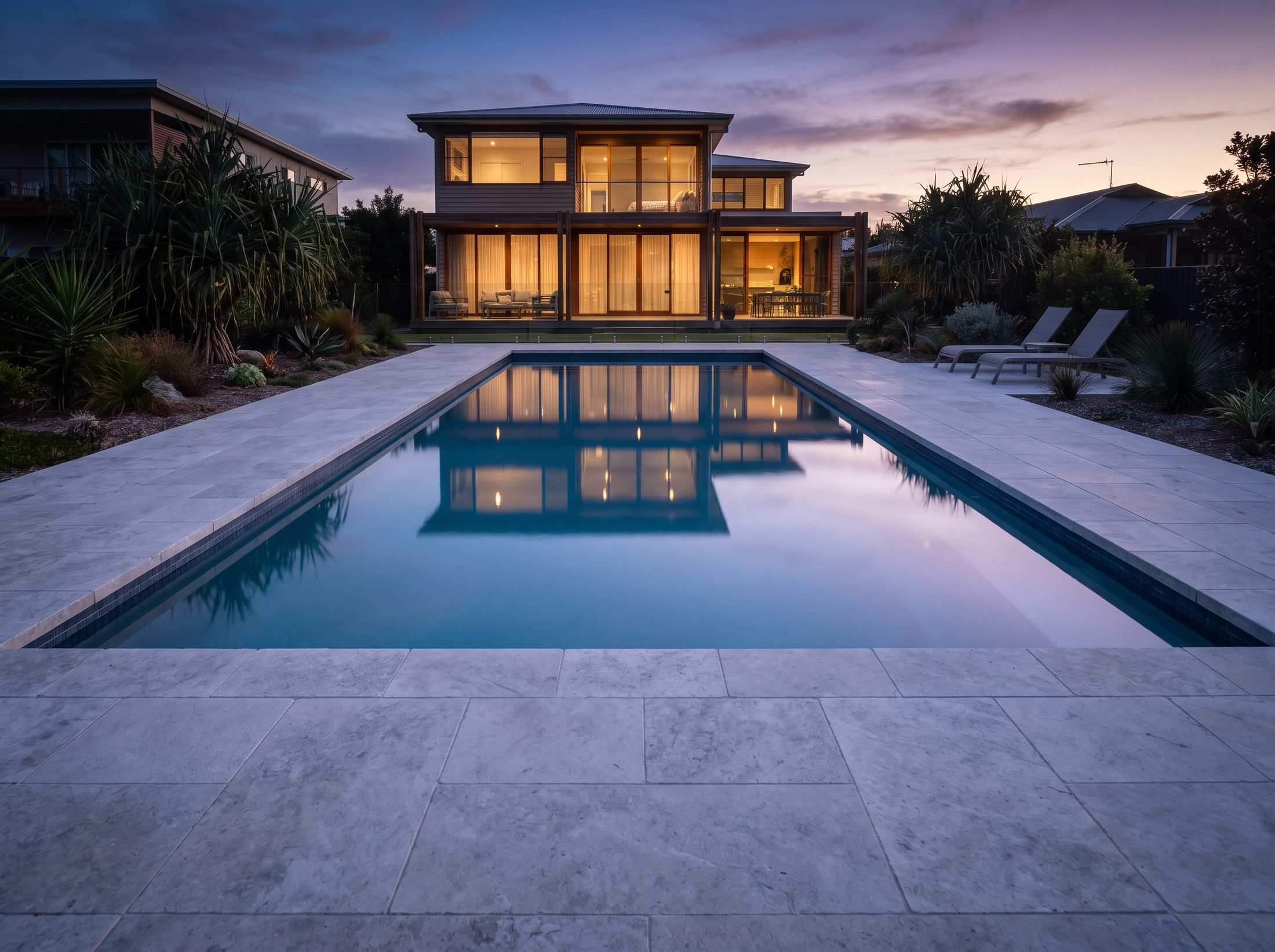 Limestone pool coping under evening light