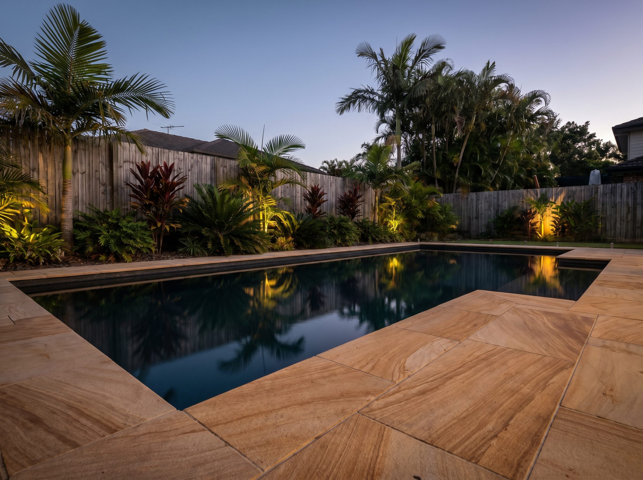 Sandstone pool coping under evening light